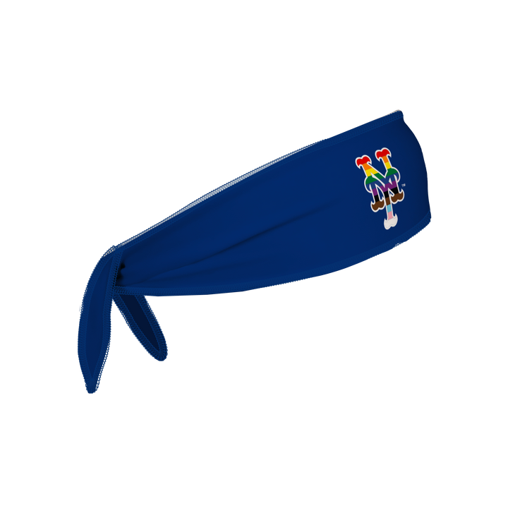 Side view of New York Mets, royal blue Tie-Back Cooling Headband with Pride Filled cap logo. Made in USA, Vertical Athletics brand.  