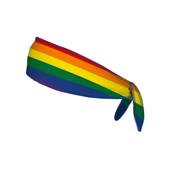Side view of New York Mets, Progressive Pride Flag Tie-Back Cooling headband. Made in USA, Vertical Athletics brand.  