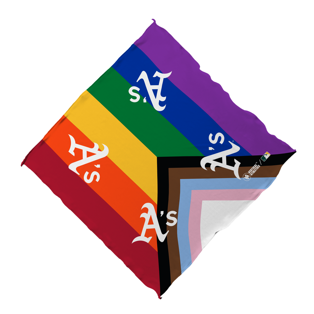 Unfolded view of MLB Athletics progressive pride bandana with A’s logo. Made in USA, Vertical Athletics brand.  