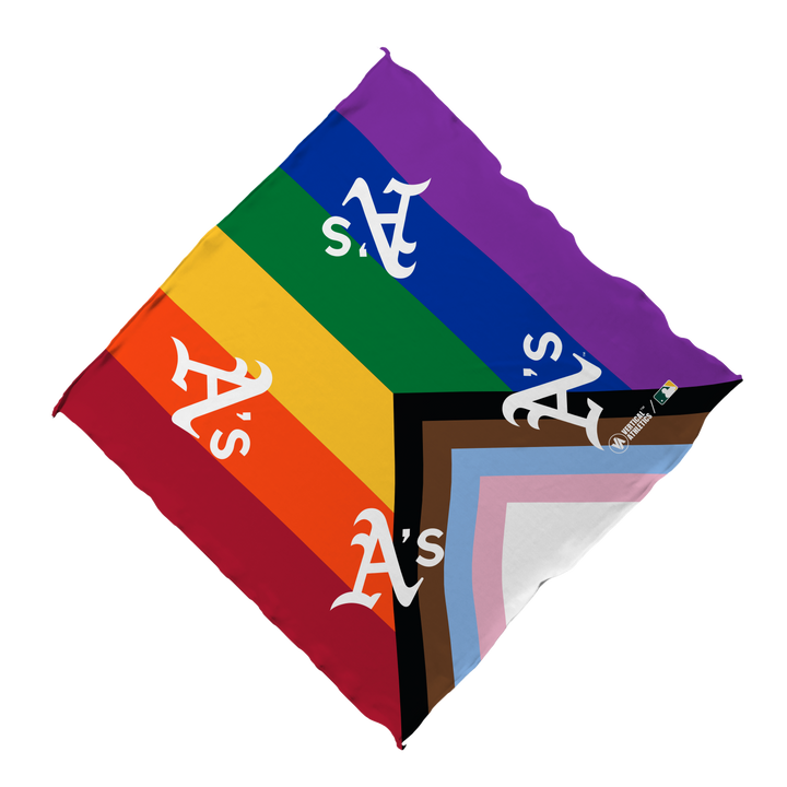 Unfolded view of MLB Athletics progressive pride bandana with A’s logo. Made in USA, Vertical Athletics brand.  