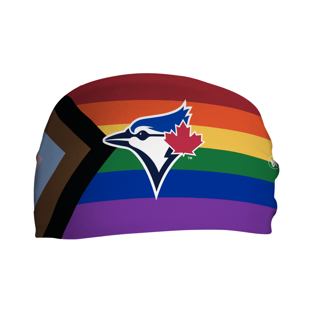 Front view of MLB Toronto Blue Jays progressive pride flag headband with cap logo. Made in USA, Vertical Athletics brand.  