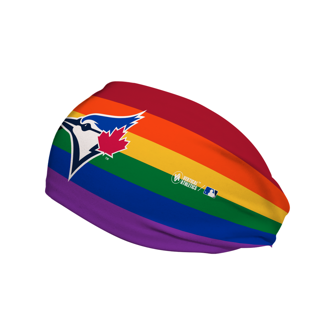 Side view of MLB Toronto Blue Jays progressive pride flag headband with cap logo. Made in USA, Vertical Athletics brand.  