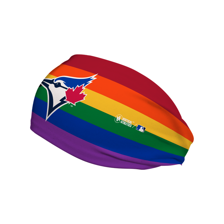 Side view of MLB Toronto Blue Jays progressive pride flag headband with cap logo. Made in USA, Vertical Athletics brand.  