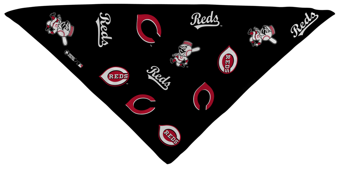 MLB Cincinnati Reds triangle cooling bandana with team logos all over. Made in the USA, Vertical Athletics brand.