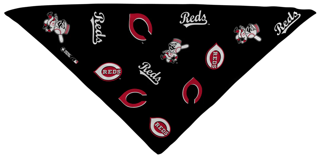MLB licensed Cincinnati Reds Triple Play Cooling Bundle: Cooling Triangle Bandana with All Over logo. Made in USA. Vertical Athletics Brand. 