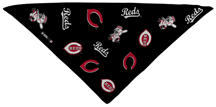 MLB licensed Cincinnati Reds Triple Play Cooling Bundle: Cooling Triangle Bandana with All Over logo. Made in USA. Vertical Athletics Brand. 