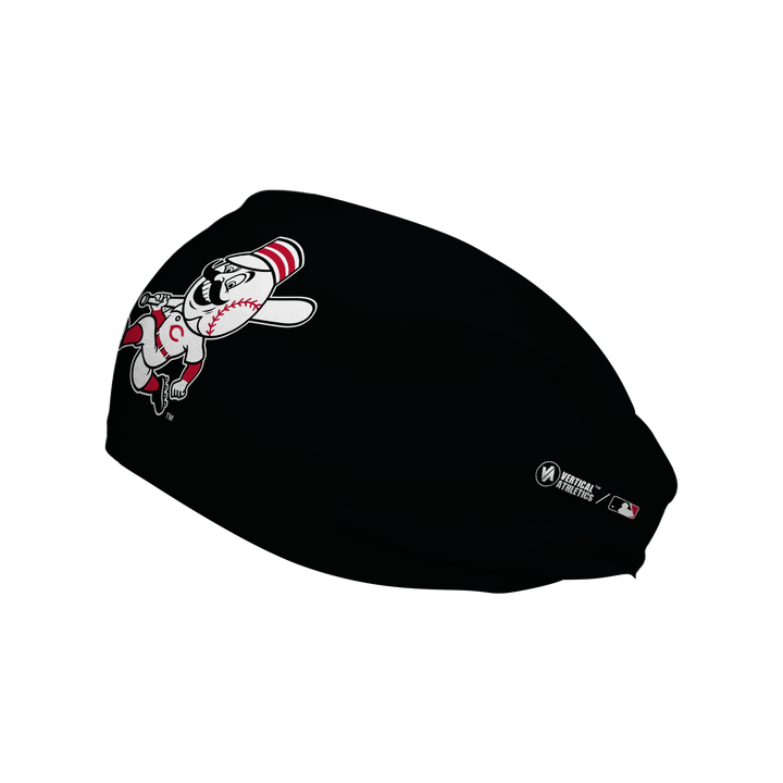 Side view of MLB Cincinnati Reds black cooling headband with alt logo. Made in USA, Vertical Athletics brand.
