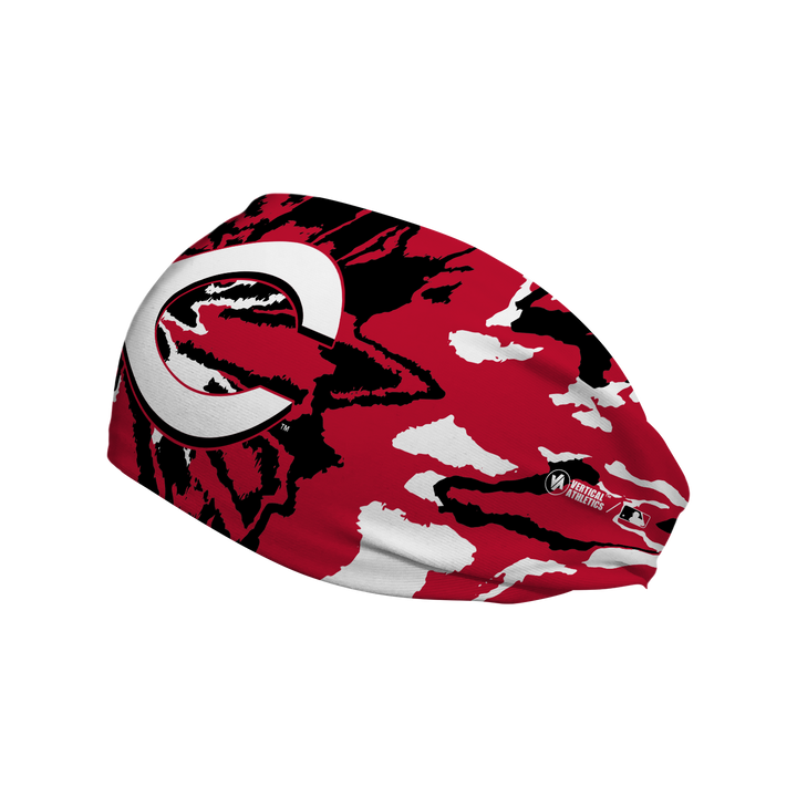 Side view of MLB Cincinnati Reds Tie-Dye headband with cap logo. Made in USA, Vertical Athletics brand.