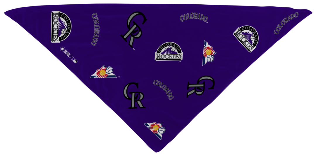 MLB Colorado Rockies triangle cooling bandana with team logos all over. Made in the USA, Vertical Athletics brand.