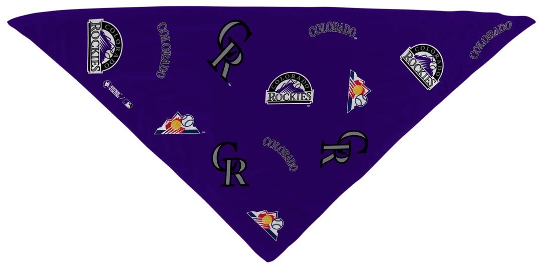 MLB licensed Colorado Rockies Triple Play Cooling Bundle: Cooling Triangle Bandana with All Over logo. Made in USA. Vertical Athletics Brand. 