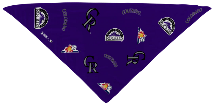 MLB licensed Colorado Rockies Triple Play Cooling Bundle: Cooling Triangle Bandana with All Over logo. Made in USA. Vertical Athletics Brand. 