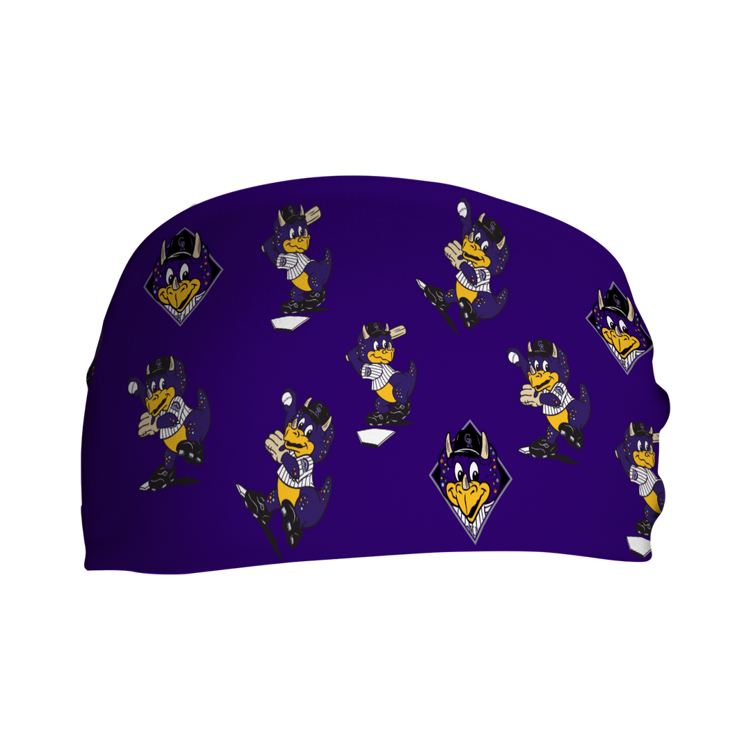 MLB Colorado Rockies cooling headband with Dinger Mascot All Over. Made in USA, Vertical  Athletics brand.  