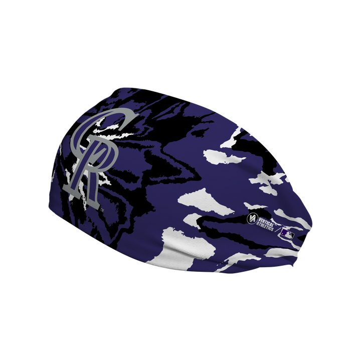 Side view of Colorado Rockies Tie-Dye cooling headband with cap logo. Made in USA, Vertical Athletics brand.  