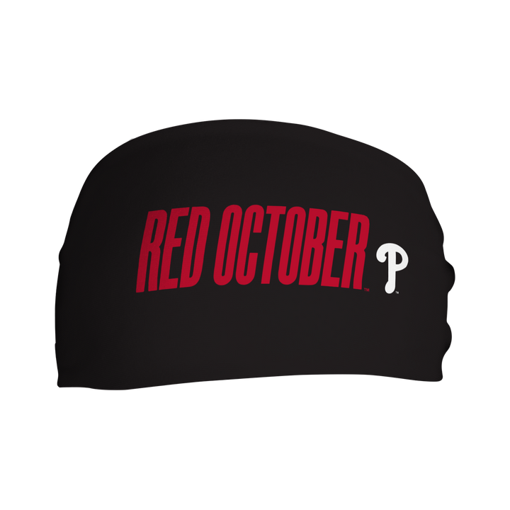MLB Philadelphia Phillies Red October cooling headband with Wordmark Black. Made in USA, Vertical Athletics brand.  