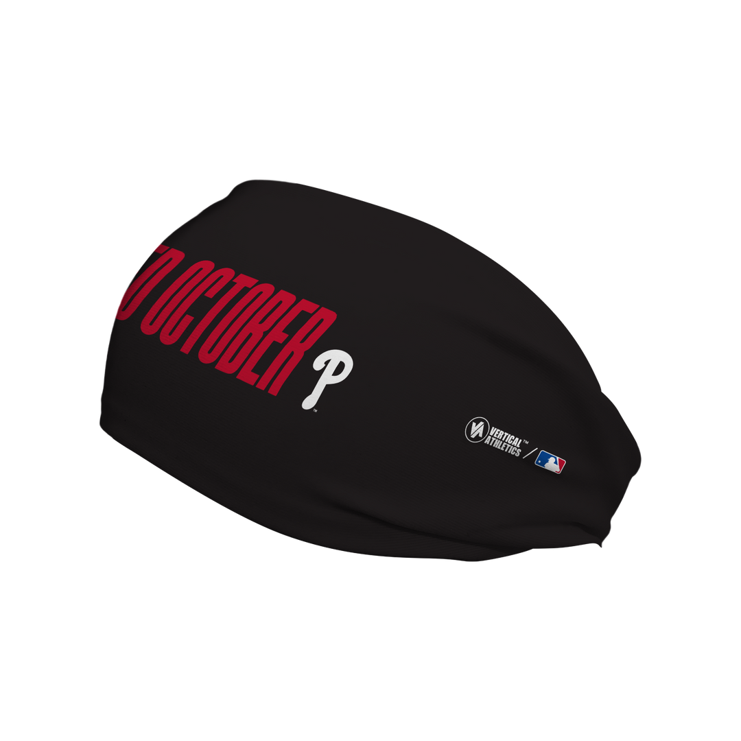 MLB Philadelphia Phillies Red October cooling headband with Wordmark Black. Made in USA, Vertical Athletics brand.  