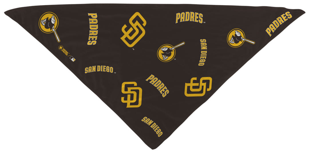 MLB San Diego Padres cooling triangle bandana with logos all over. Made in USA, Vertical Athletics brand.  