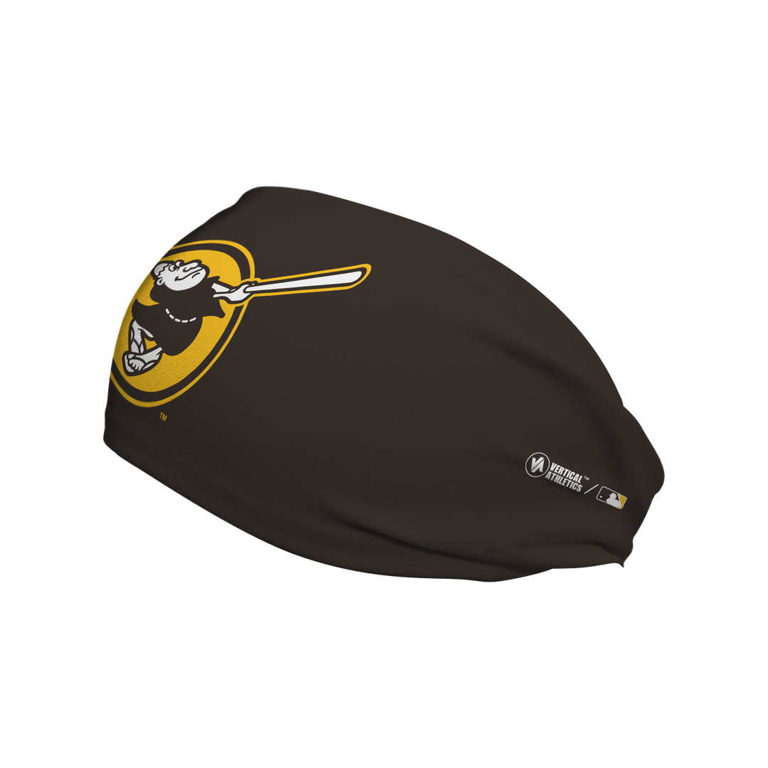Side view of MLB San Diego Padres brown cooling headband with Swinging Friar. Made in USA, Vertical Athletics brand. 