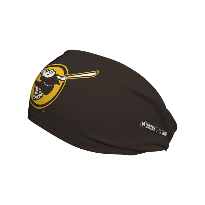 Side view of MLB San Diego Padres brown cooling headband with Swinging Friar. Made in USA, Vertical Athletics brand. 