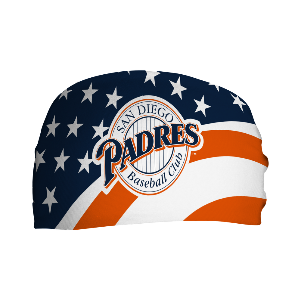 MLB San Diego Padres Stars and Stripes cooling headband with Coop Logo. Made in USA, Vertical Athletics brand.  
