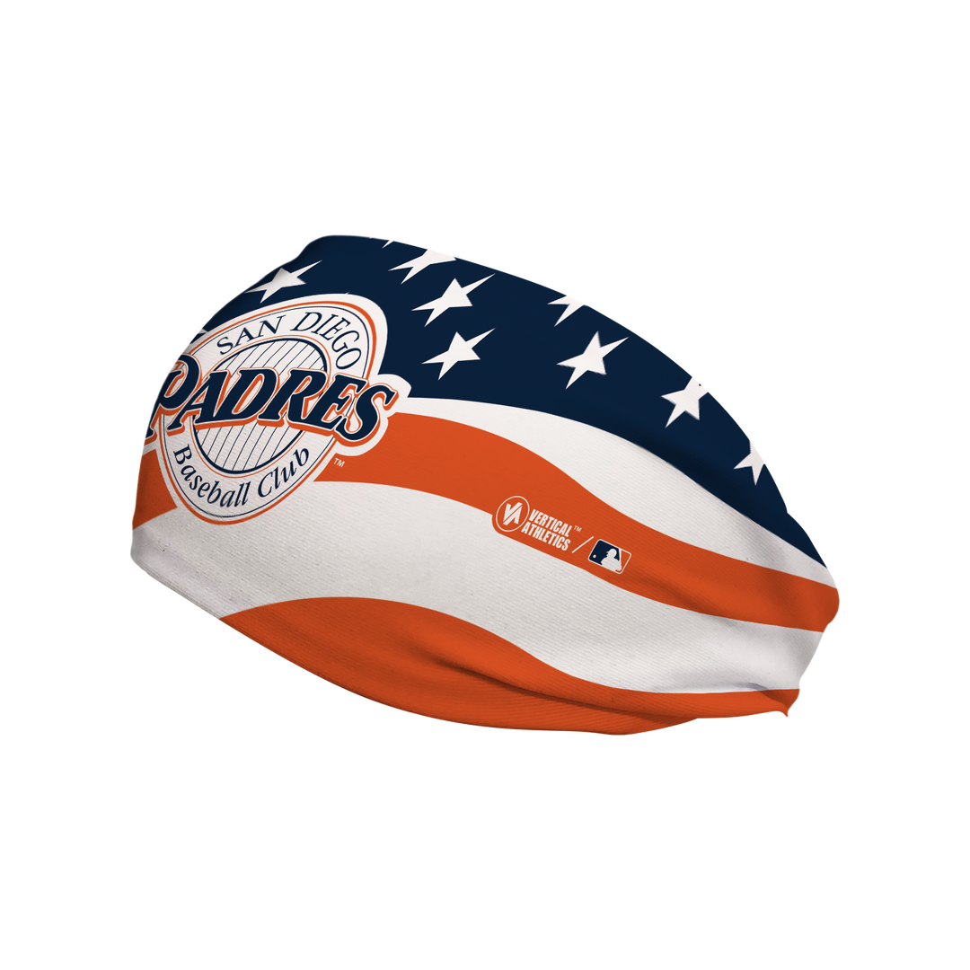 MLB San Diego Padres Stars and Stripes cooling headband with Coop Logo. Made in USA, Vertical Athletics brand.  
