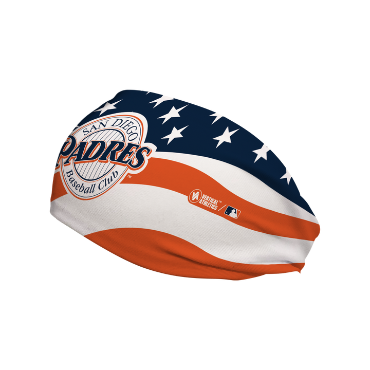 MLB San Diego Padres Stars and Stripes cooling headband with Coop Logo. Made in USA, Vertical Athletics brand.  