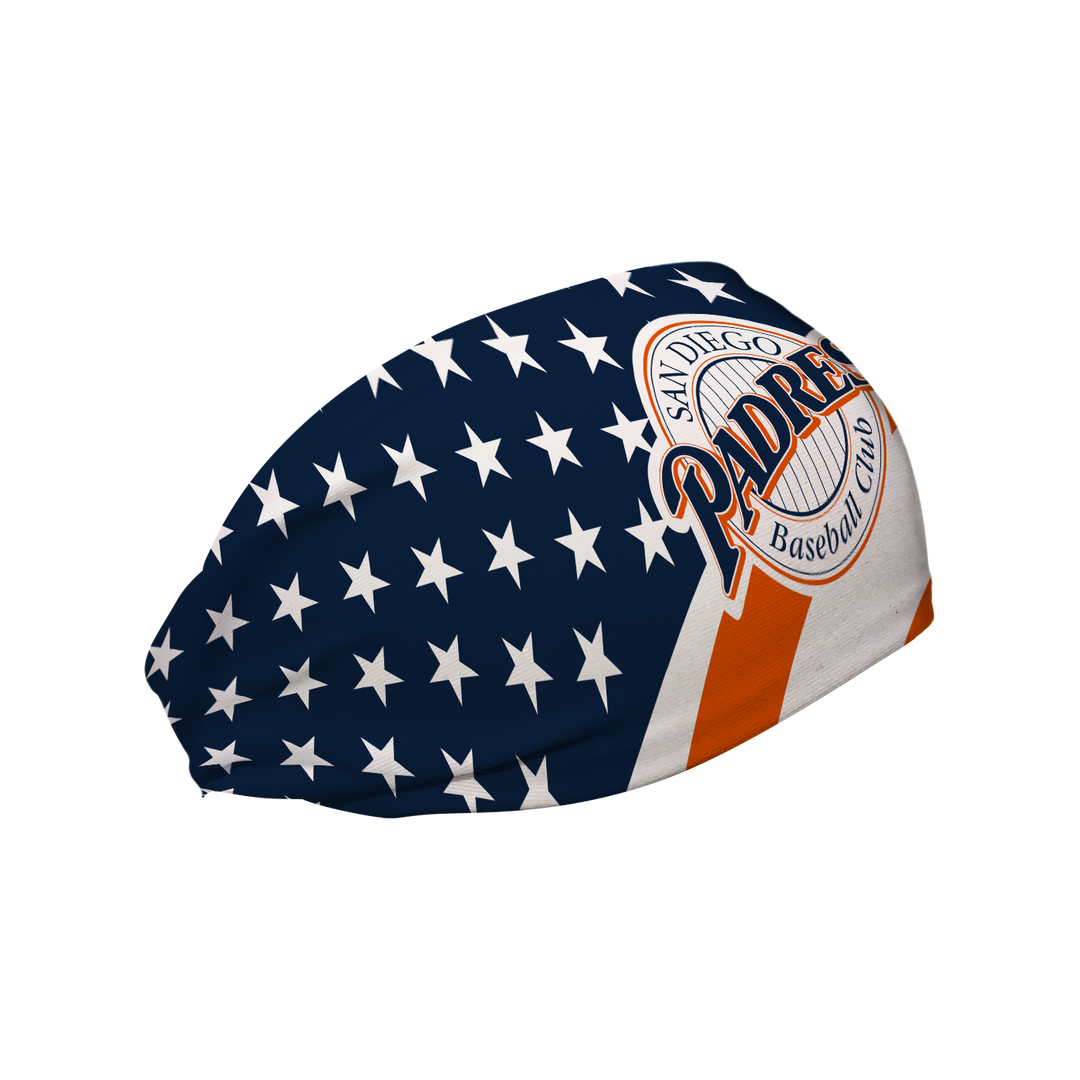 MLB San Diego Padres Stars and Stripes cooling headband with Coop Logo. Made in USA, Vertical Athletics brand.  