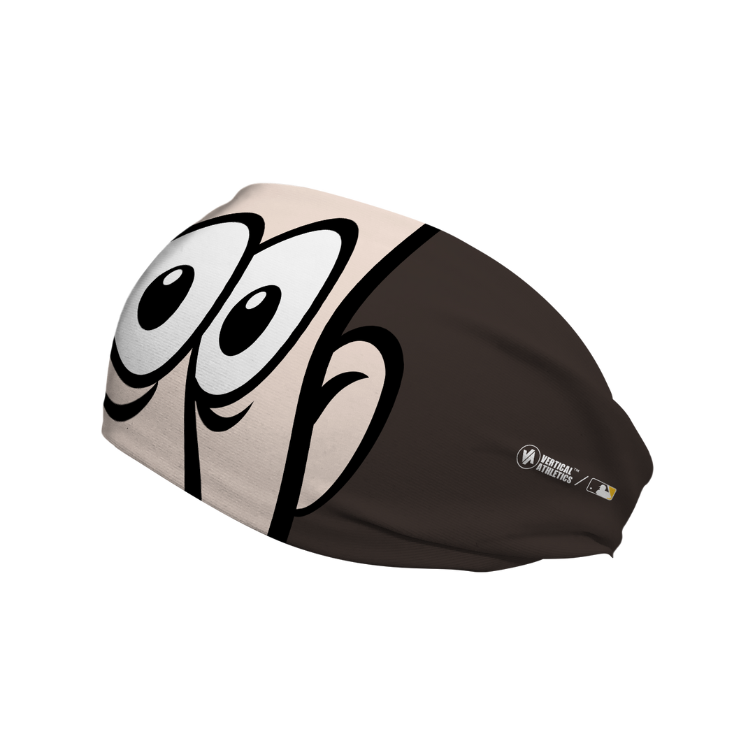 MLB San Diego Padres cooling headband with Swinging Friar mascot stare. Made in USA, Vertical Athletics brand. 