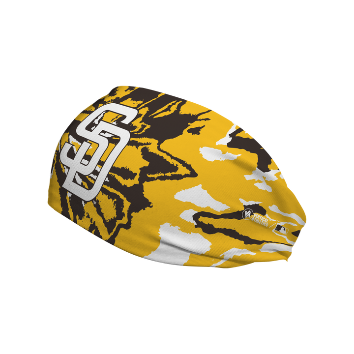 Side view of MLB San Diego Padres Tie-Dye headband with cap logo. Made in USA, Vertical Athletics brand.