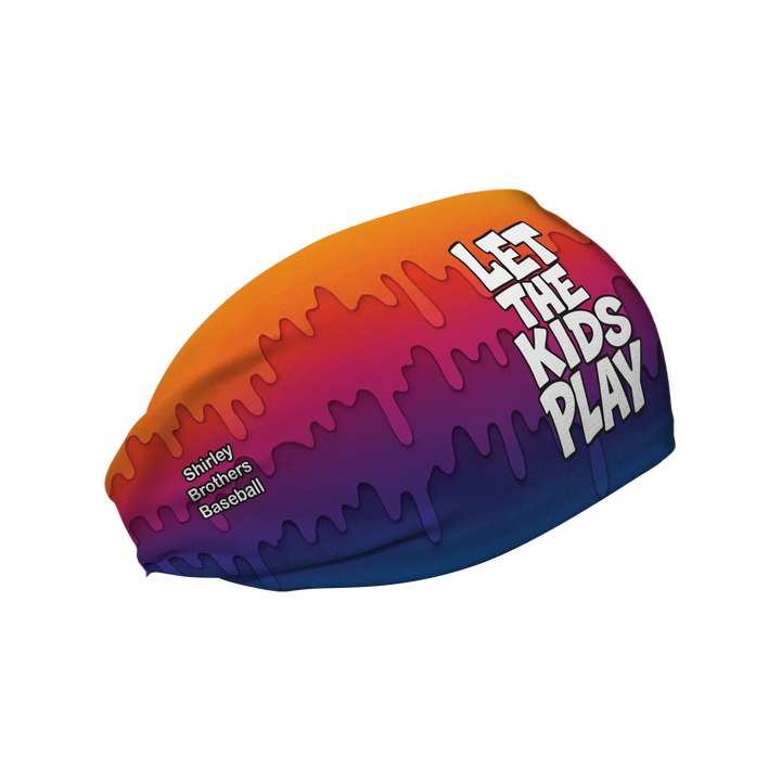 Custom Shirley Brothers Baseball "Let The Kids Play" cooling headband. Made in the USA, Vertical Athletics brand.