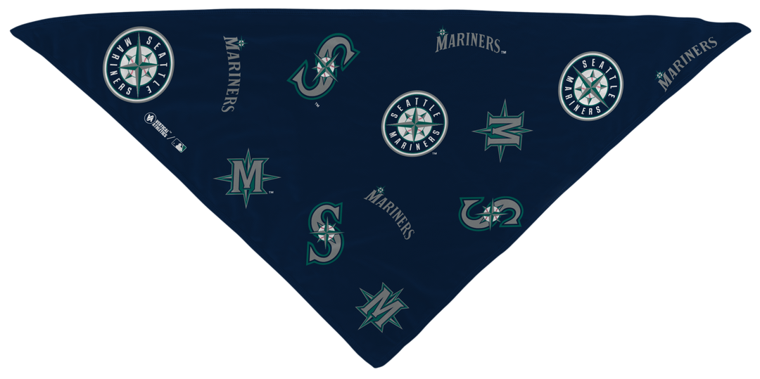 MLB licensed Seattle Mariners Triple Play Cooling Bundle: Cooling Triangle Bandana with All Over logo. Made in USA. Vertical Athletics Brand. 
