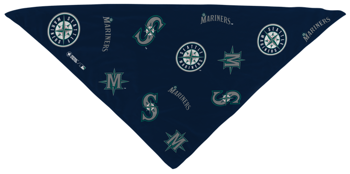 MLB licensed Seattle Mariners Triple Play Cooling Bundle: Cooling Triangle Bandana with All Over logo. Made in USA. Vertical Athletics Brand. 
