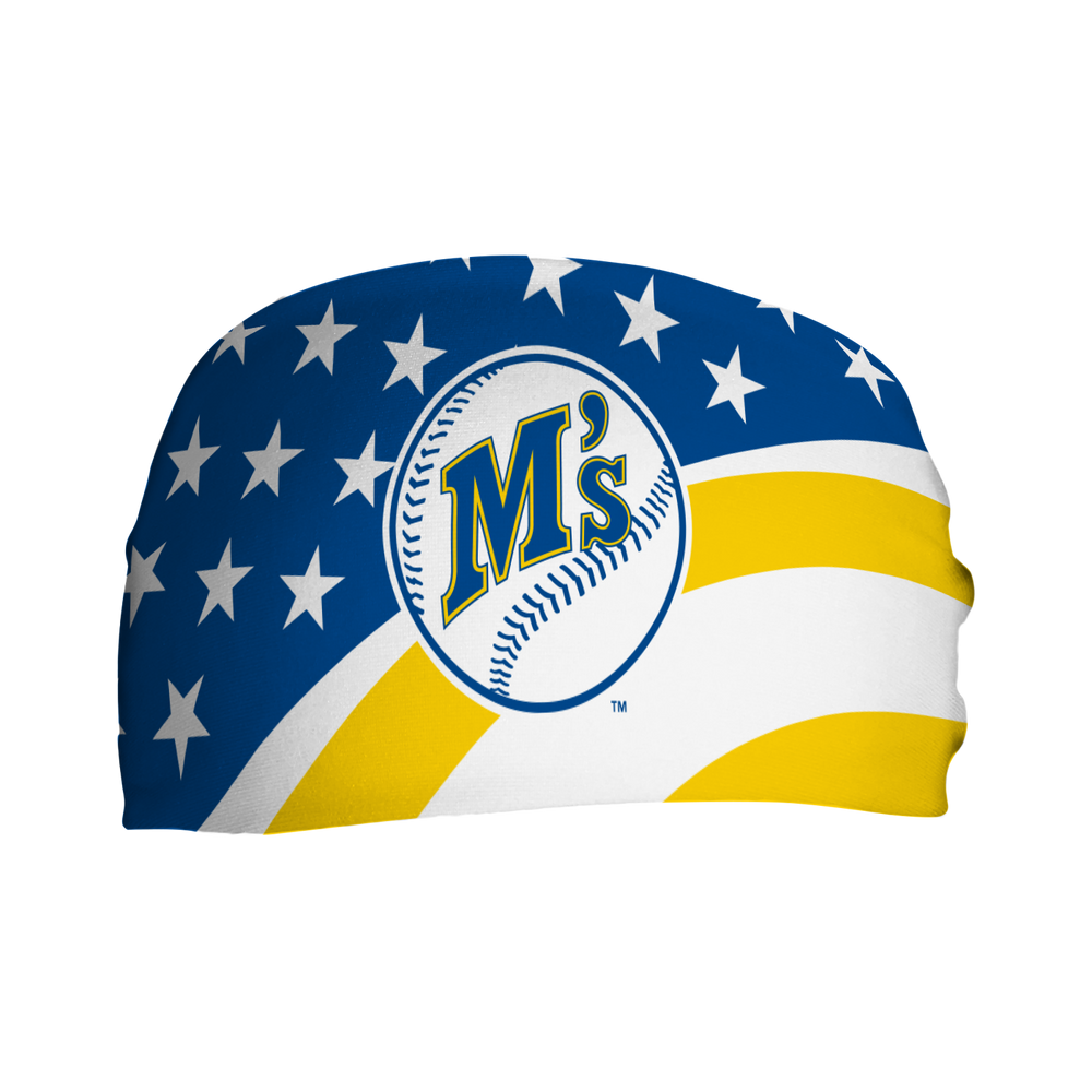 MLB Seattle Mariners Stars and Stripes cooling headband with Coop Logo. Made in USA, Vertical Athletics brand.  