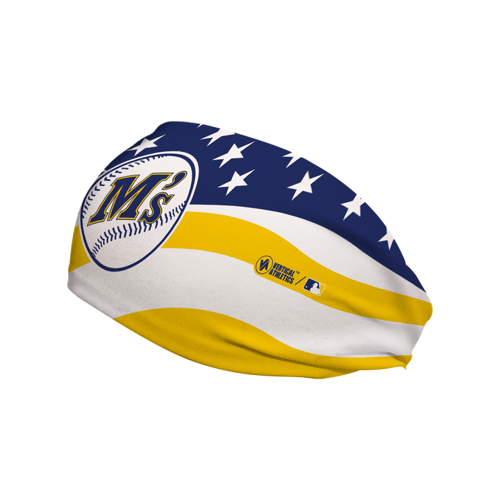 MLB Seattle Mariners Stars and Stripes cooling headband with Coop Logo. Made in USA, Vertical Athletics brand.  