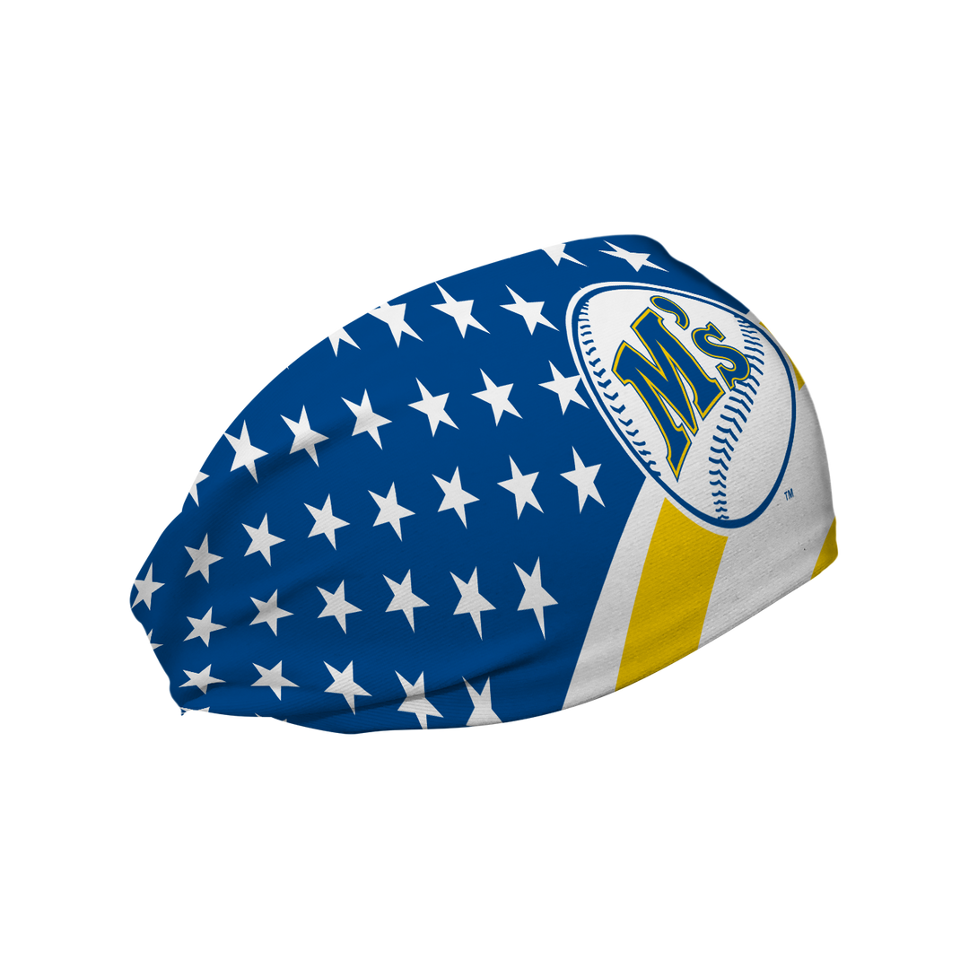 MLB Seattle Mariners Stars and Stripes cooling headband with Coop Logo. Made in USA, Vertical Athletics brand.  