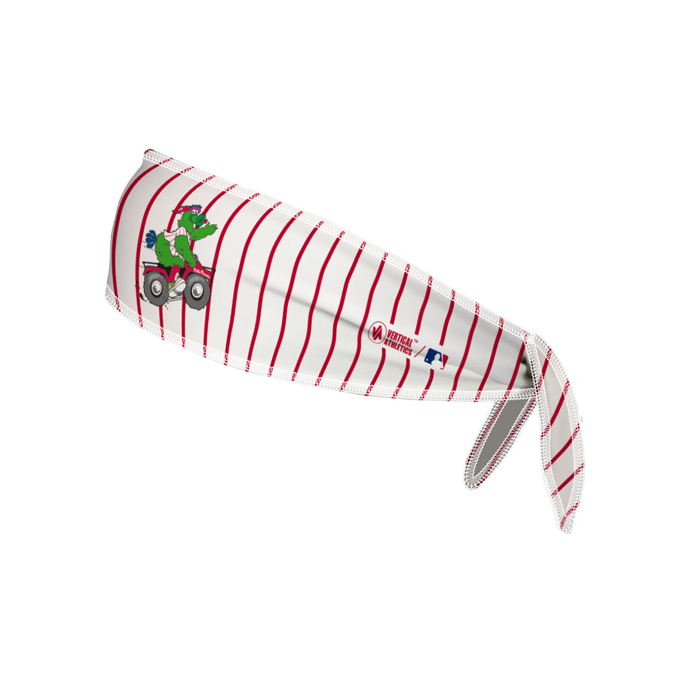Side view of  Philadelphia Phillies, Phanatic Pinstripe Tie-Back Cooling Headband. Made in USA, Vertical Athletics brand. 