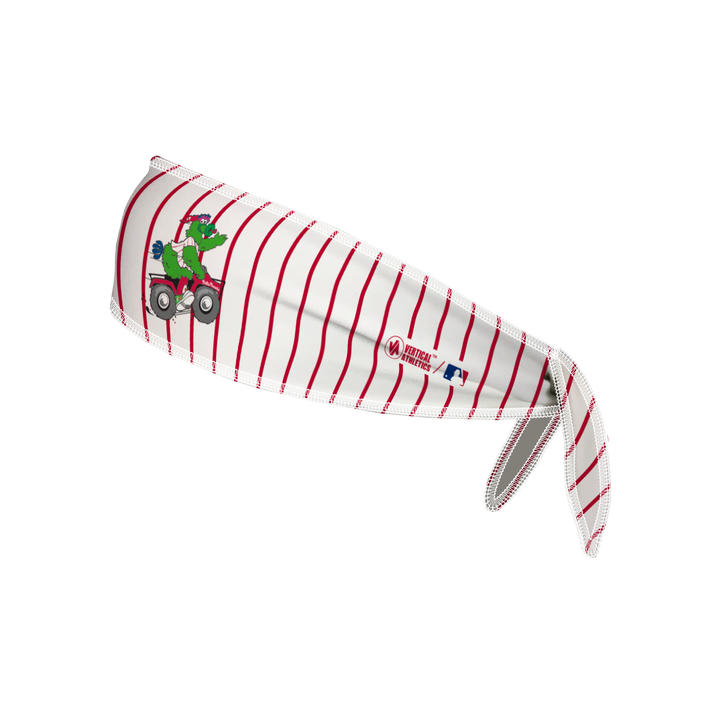 Side view of  Philadelphia Phillies, Phanatic Pinstripe Tie-Back Cooling Headband. Made in USA, Vertical Athletics brand. 