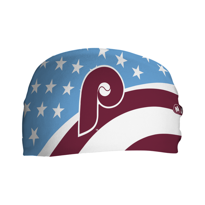 Front view of MLB Philadelphia Phillies Coop Stars and Stripes headband with  Retro cap logo. Made in USA, Vertical Athletics brand.  