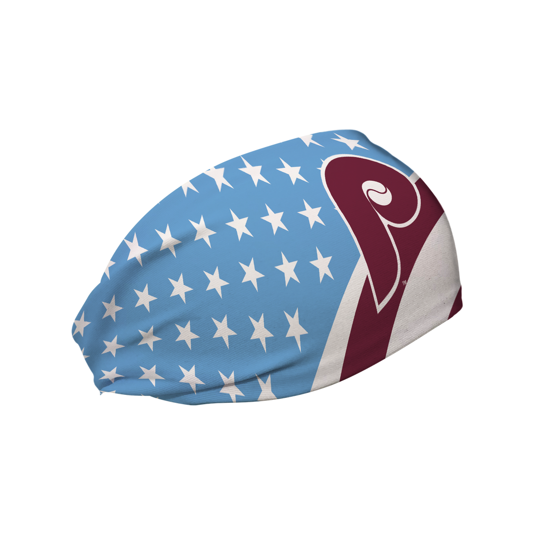 Side view of MLB Philadelphia Phillies Coop Stars and Stripes headband with  Retro cap logo. Made in USA, Vertical Athletics brand.  
