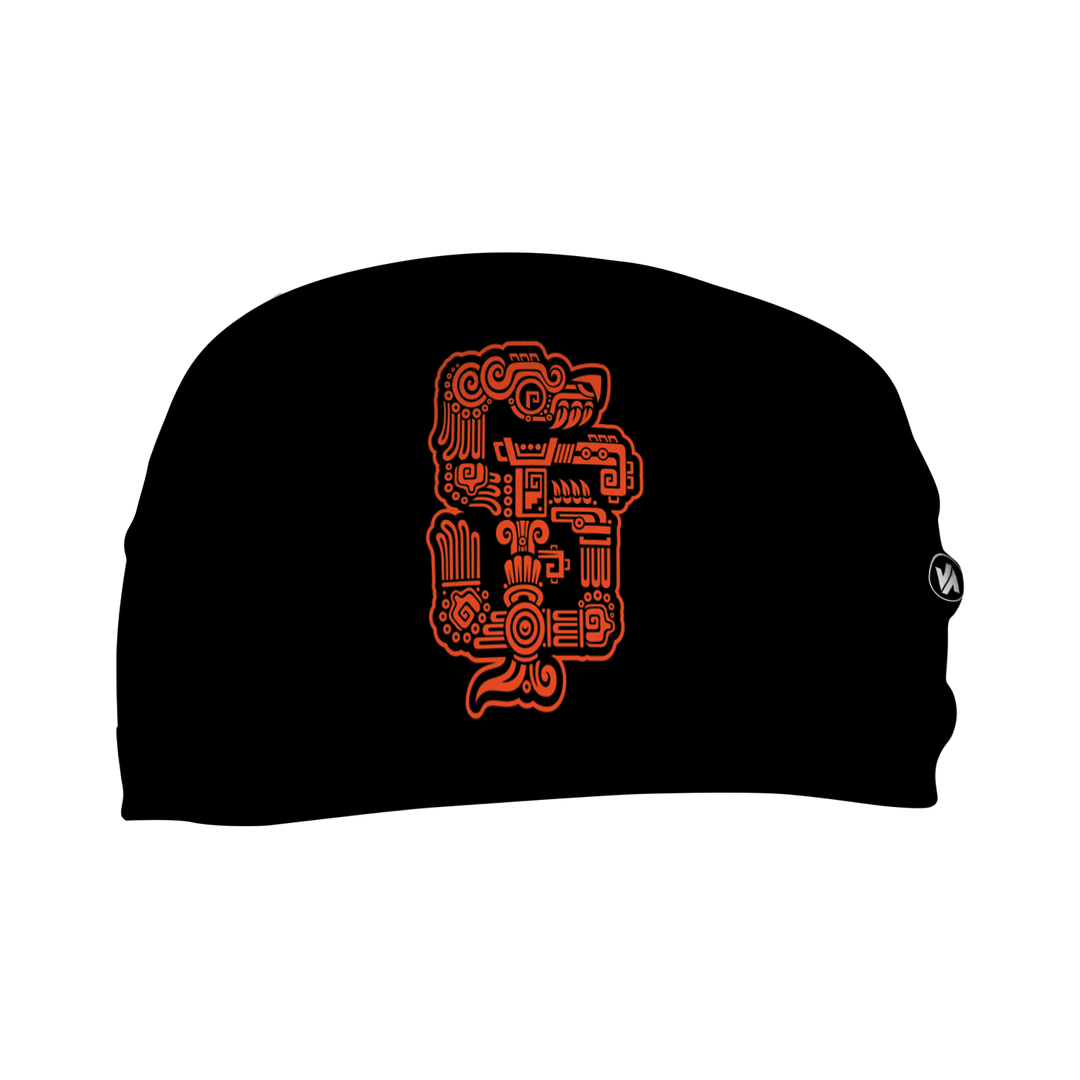 Front view of MLB San Francisco Giants black  headband with Gigantes aztec dragon logo. Made in USA, Vertical  Athletics brand. Not a Junk headband. 
