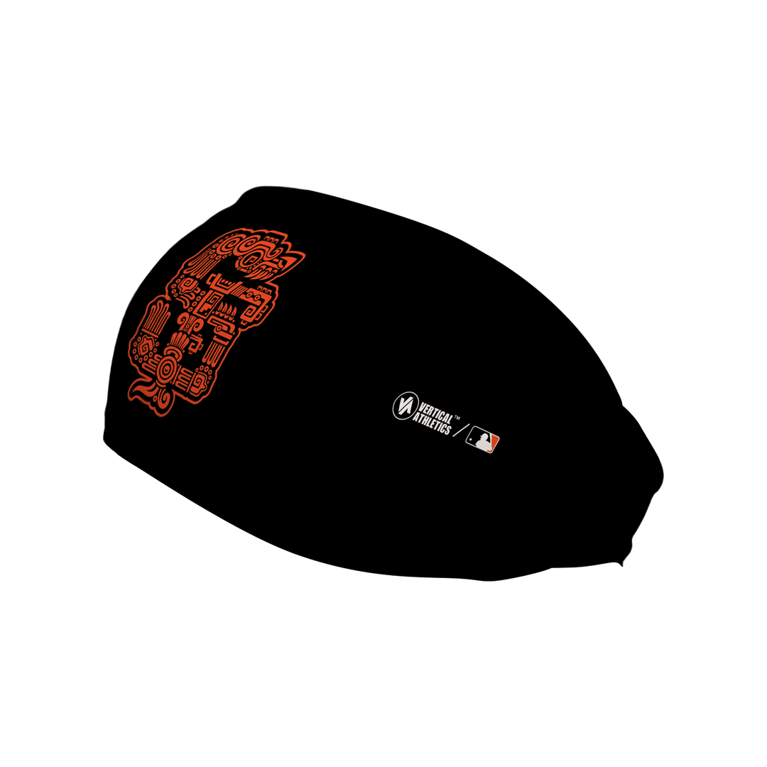Side view of MLB San Francisco Giants black  headband with Gigantes aztec dragon logo. Made in USA, Vertical  Athletics brand. 