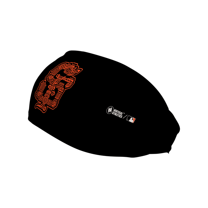 Side view of MLB San Francisco Giants black  headband with Gigantes aztec dragon logo. Made in USA, Vertical  Athletics brand. 