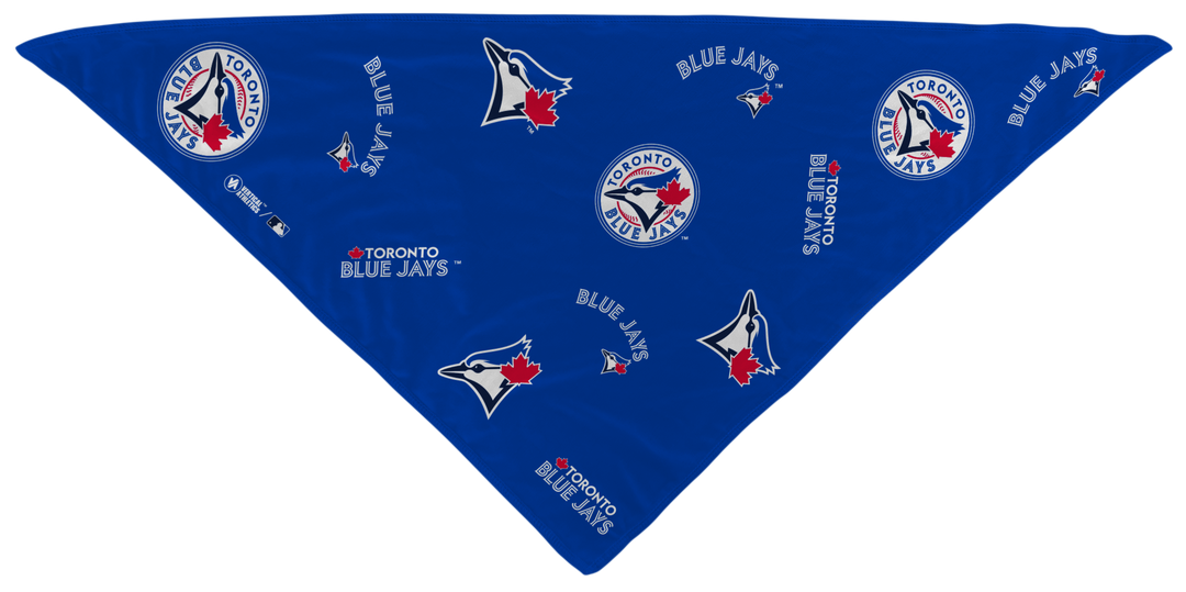 MLB Toronto Blue Jays cooling triangle bandana with logos all over. Made in USA, Vertical Athletics brand.  