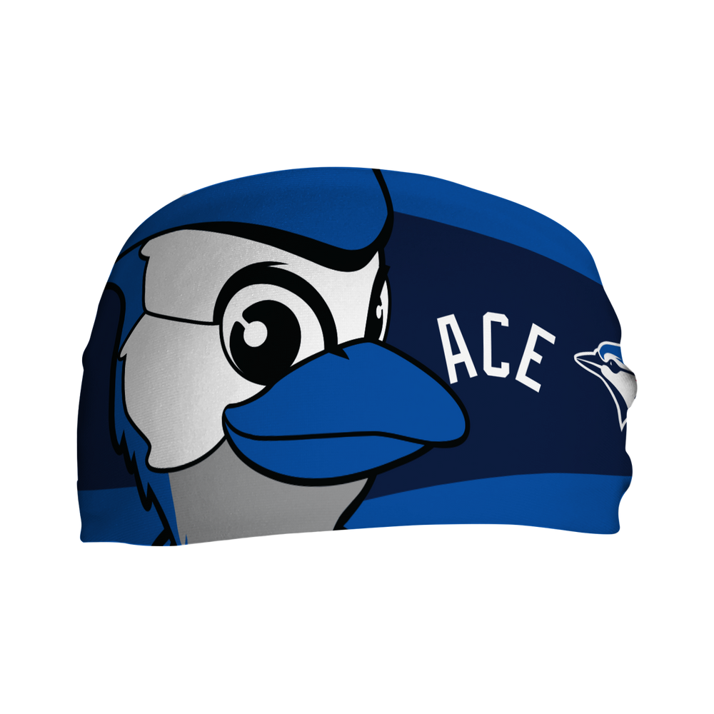 MLB Toronto Blue Jays cooling headband with Mascot Nameplate. Made in USA, Vertical Athletics brand.