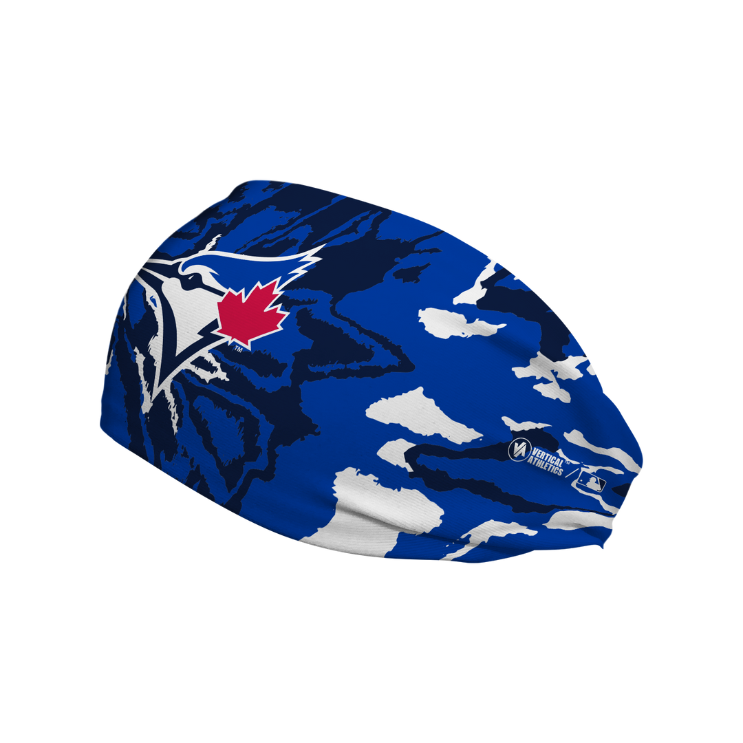 Side view of MLB Toronto Blue Jays Tie-Dye headband with cap logo. Made in USA, Vertical Athletics brand. 