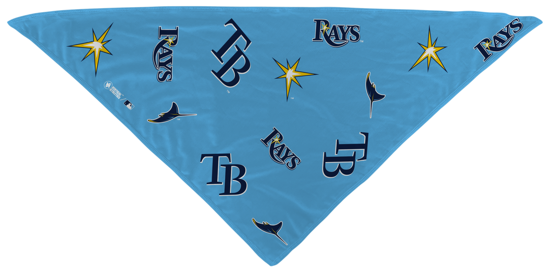 MLB licensed Tampa Bay Rays Triple Play Cooling Bundle: Cooling Triangle Bandana with All Over logo. Made in USA. Vertical Athletics Brand. 
