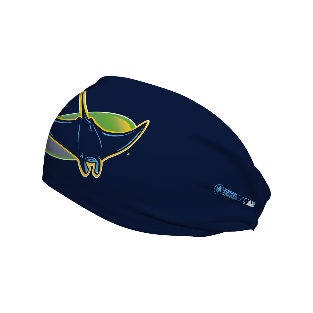 Side view of MLB Tampa Bay Rays  navy cooling headband with alt logo. Made in USA, Vertical  Athletics brand.  