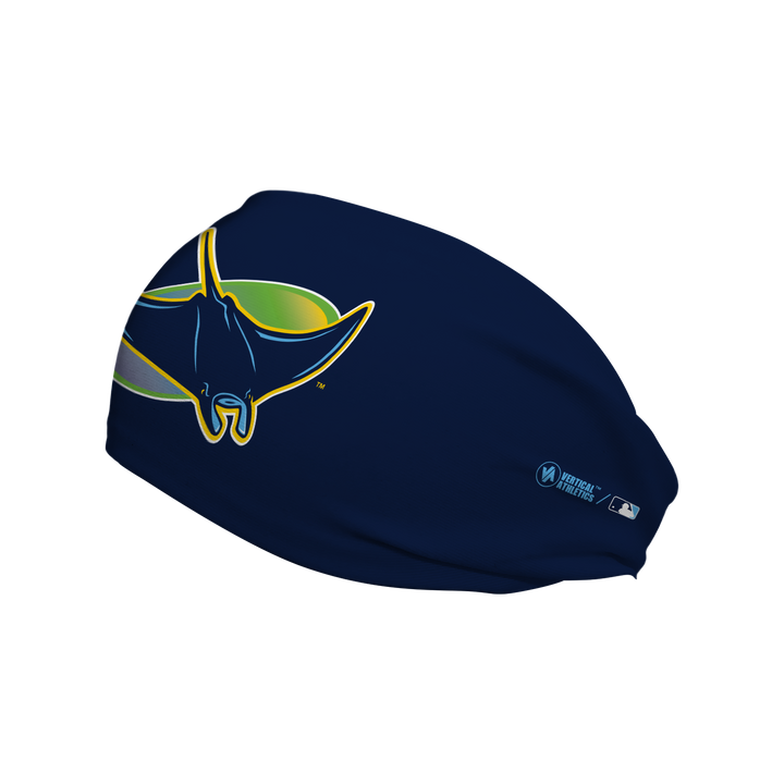 Side view of MLB Tampa Bay Rays  navy cooling headband with alt logo. Made in USA, Vertical  Athletics brand.  