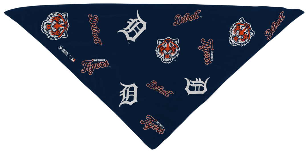 MLB Detroit Tigers cooling triangle bandana with team logo all over. Made in USA, Vertical Athletics brand.
