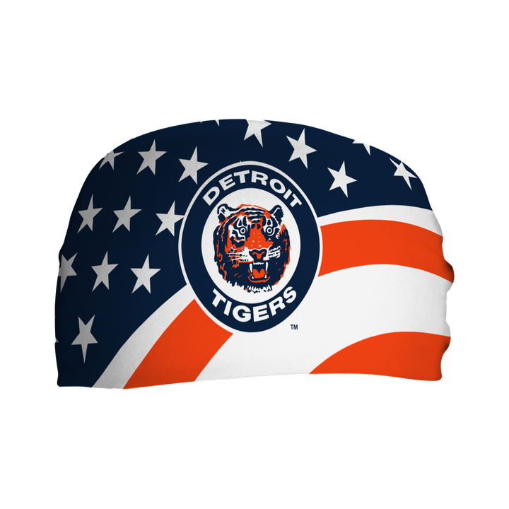 MLB Detroit Tigers Stars and Stripes cooling headband with Coop Logo. Made in USA, Vertical Athletics brand.  