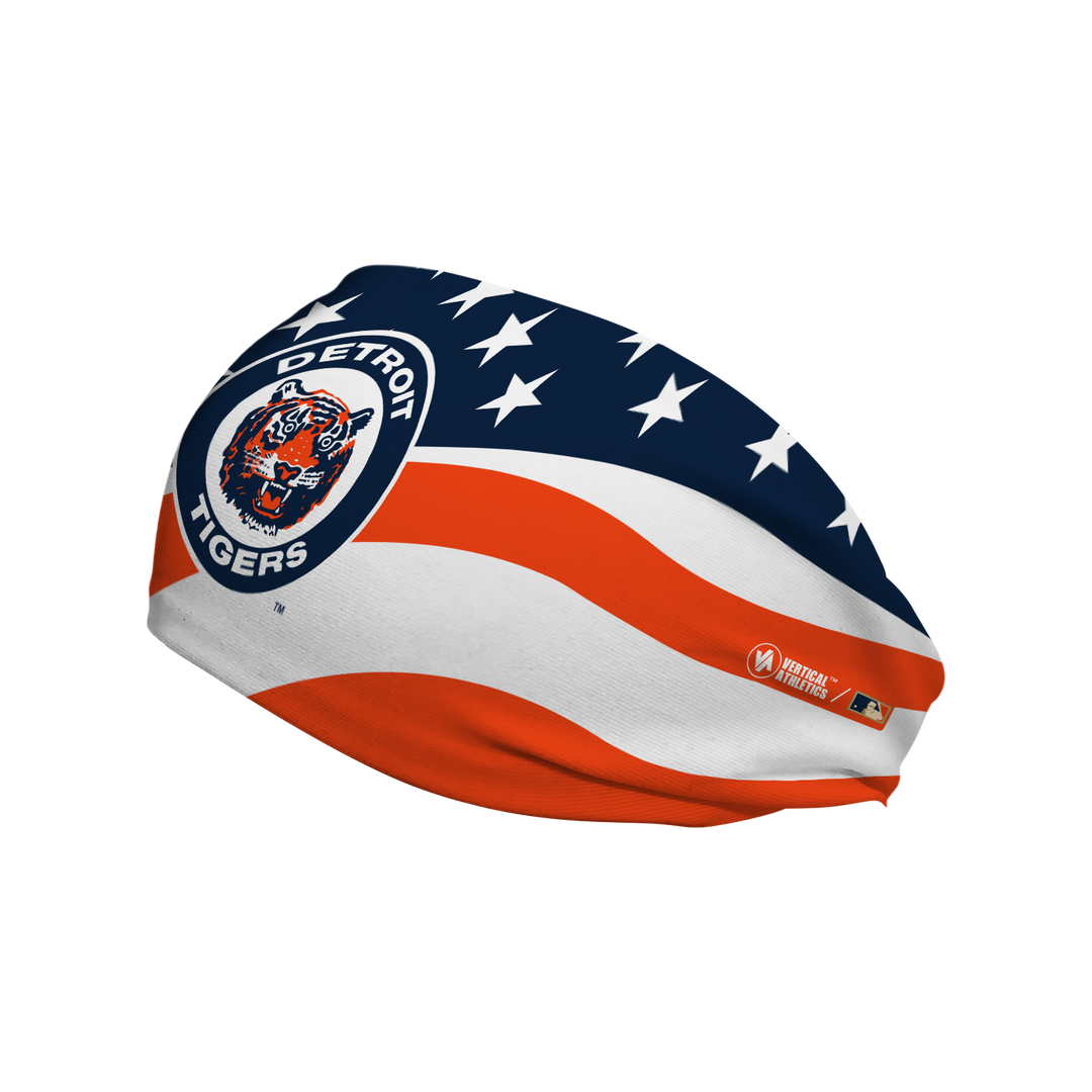 MLB Detroit Tigers Stars and Stripes cooling headband with Coop Logo. Made in USA, Vertical Athletics brand.  